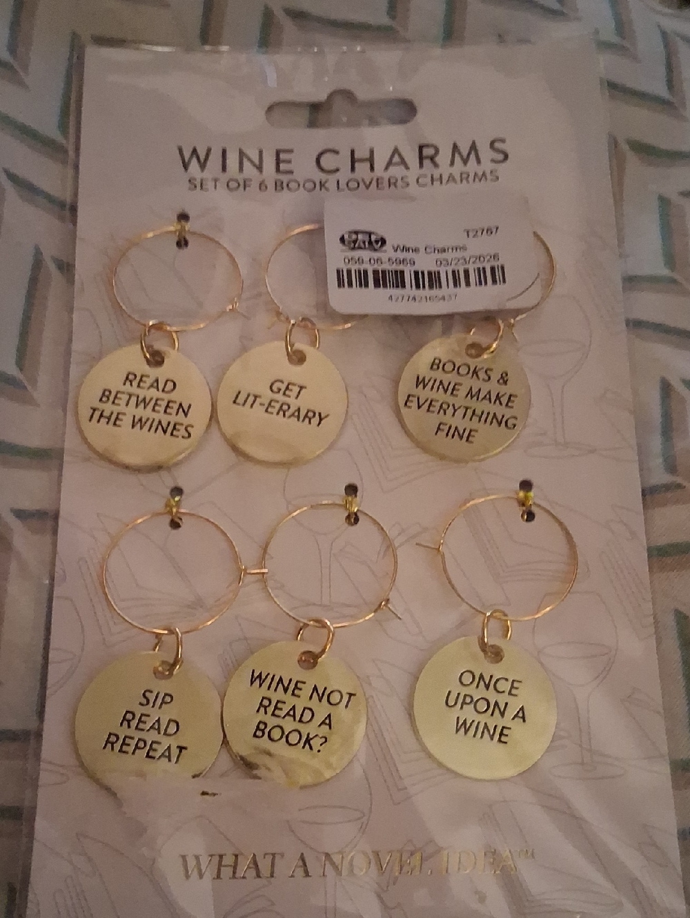 New! Wine Charms Set of 6 - Gold Book Lover Wine Markers